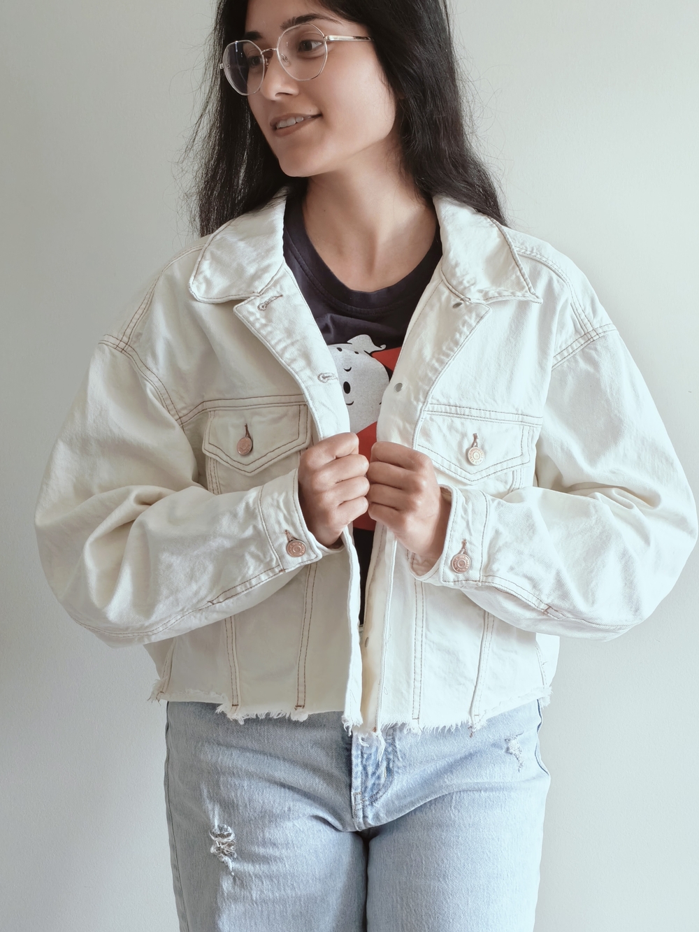 Wild Fable White Cropped Denim Jacket Raw Hem Oversized Batwing Sleeve Size M